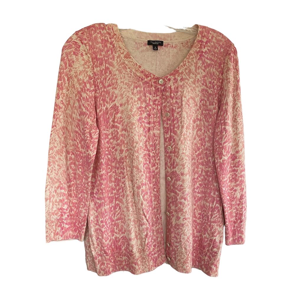 TALBOTS Size M Cardigan Sweater Pearl Button Front Cotton Rayon Knit Preppy
